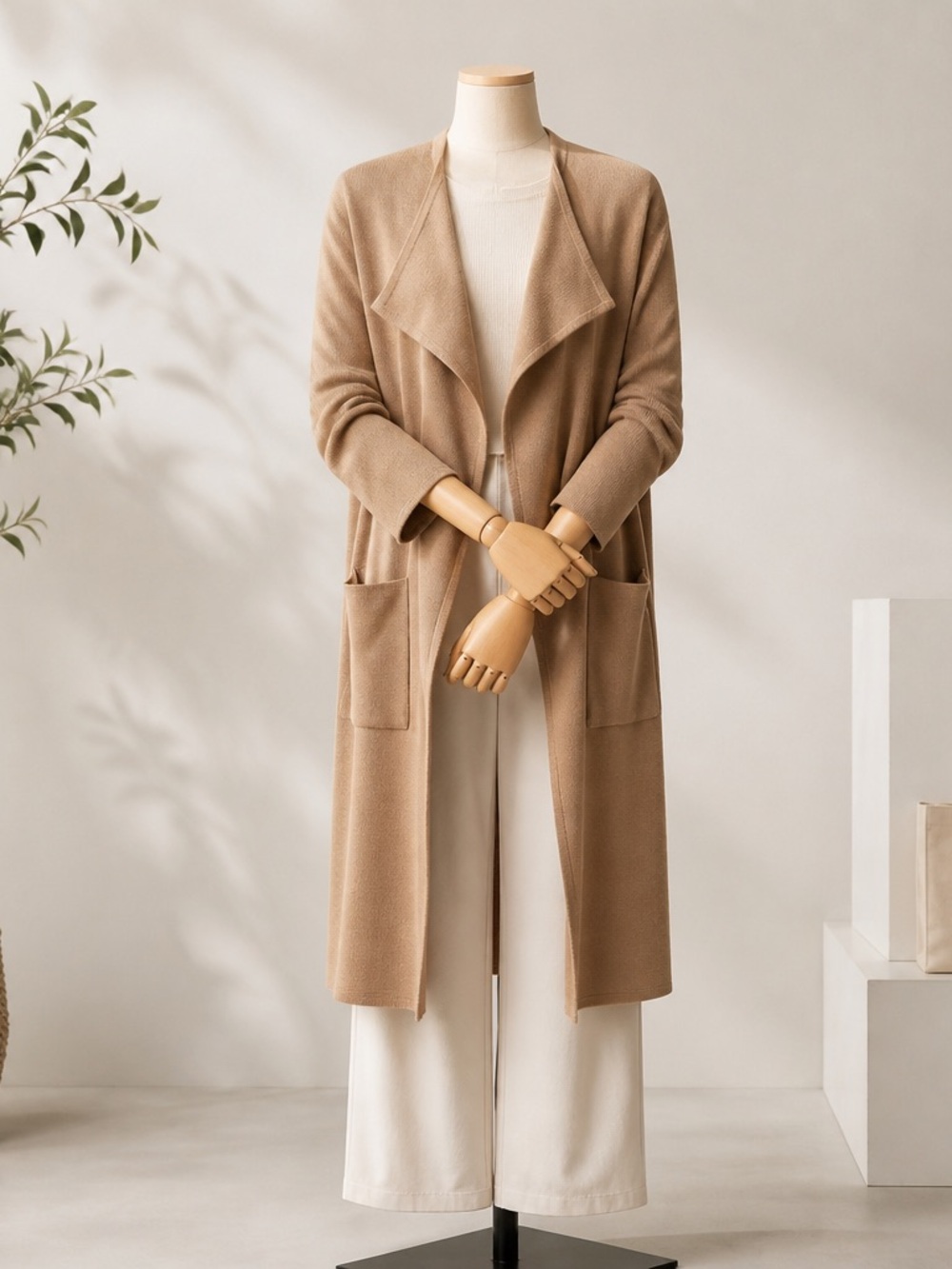 Longline Open-Front Cardigan in Camel